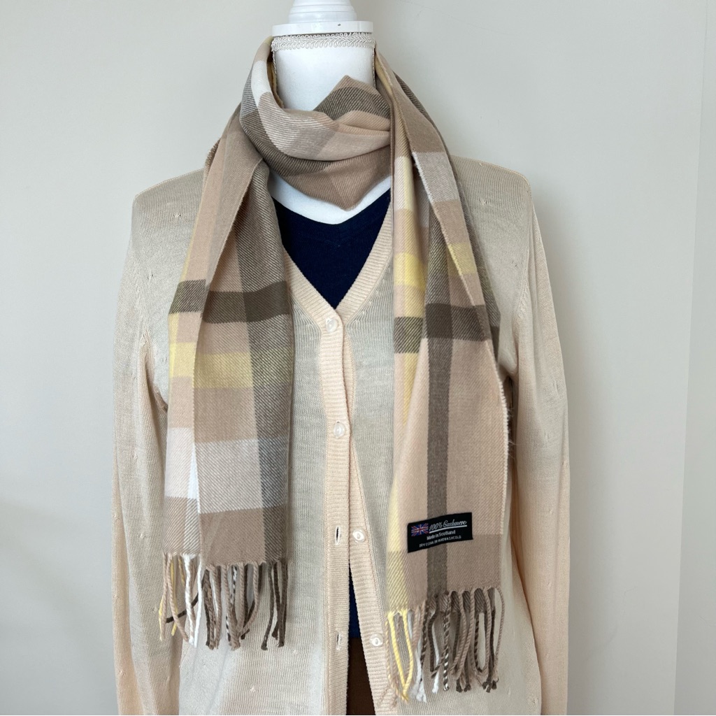 100% Cashmere Made In Scotland Plaid Scarf Butter Yellow, Tan & Brown